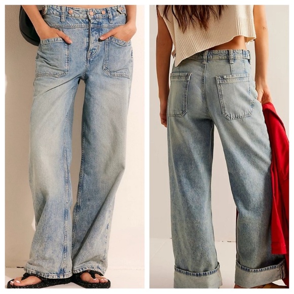 Free People Denim - New! Free People Palmer Cuffed Baggy Wide Leg Jeans Blue Gray 2124